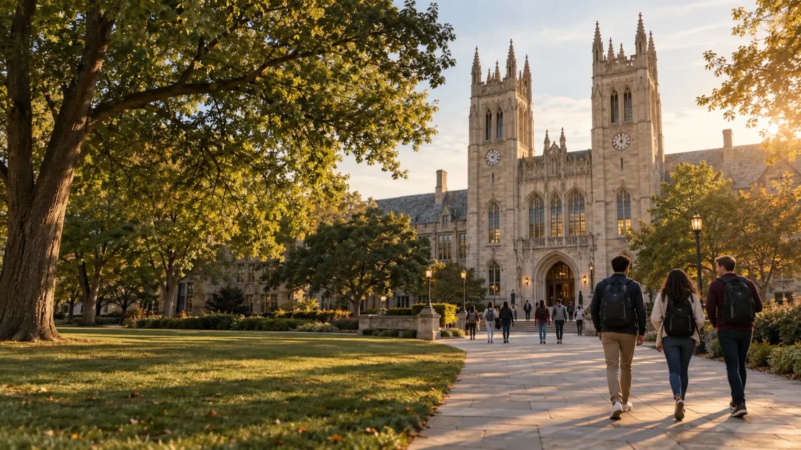 Students walking toward a grand university building with twin clock towers in warm evening light